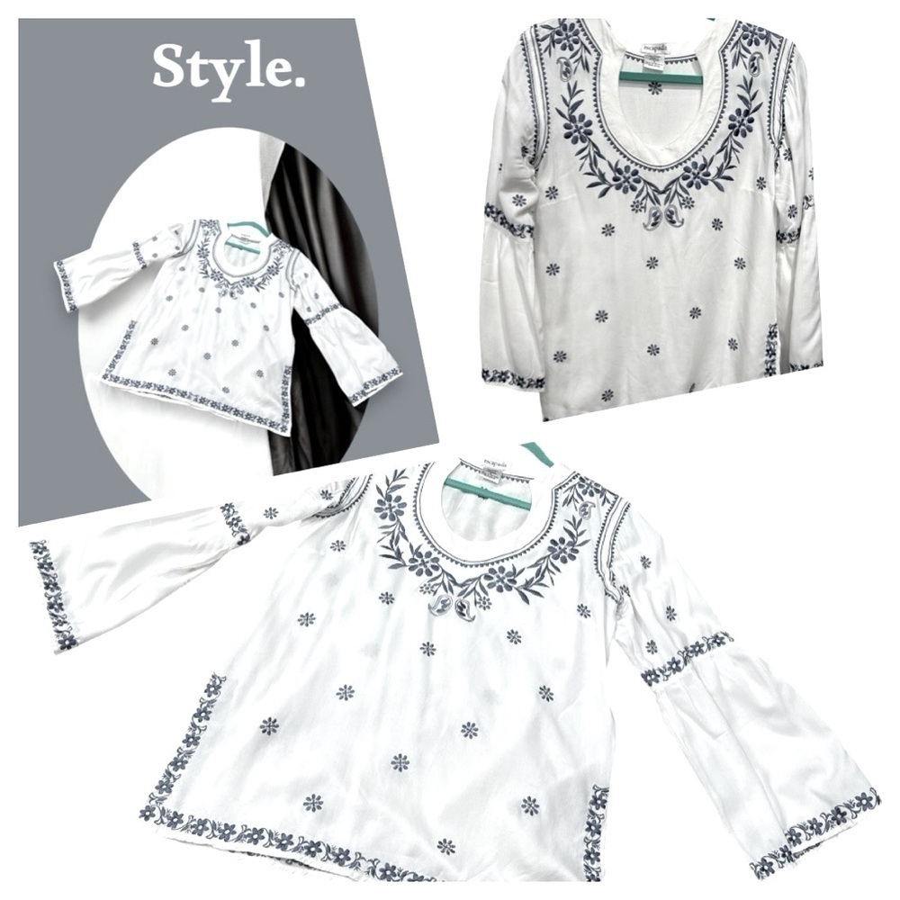 Escapada Tunic Top Boho Peasant Style White Blue Bell Sleeve Small
